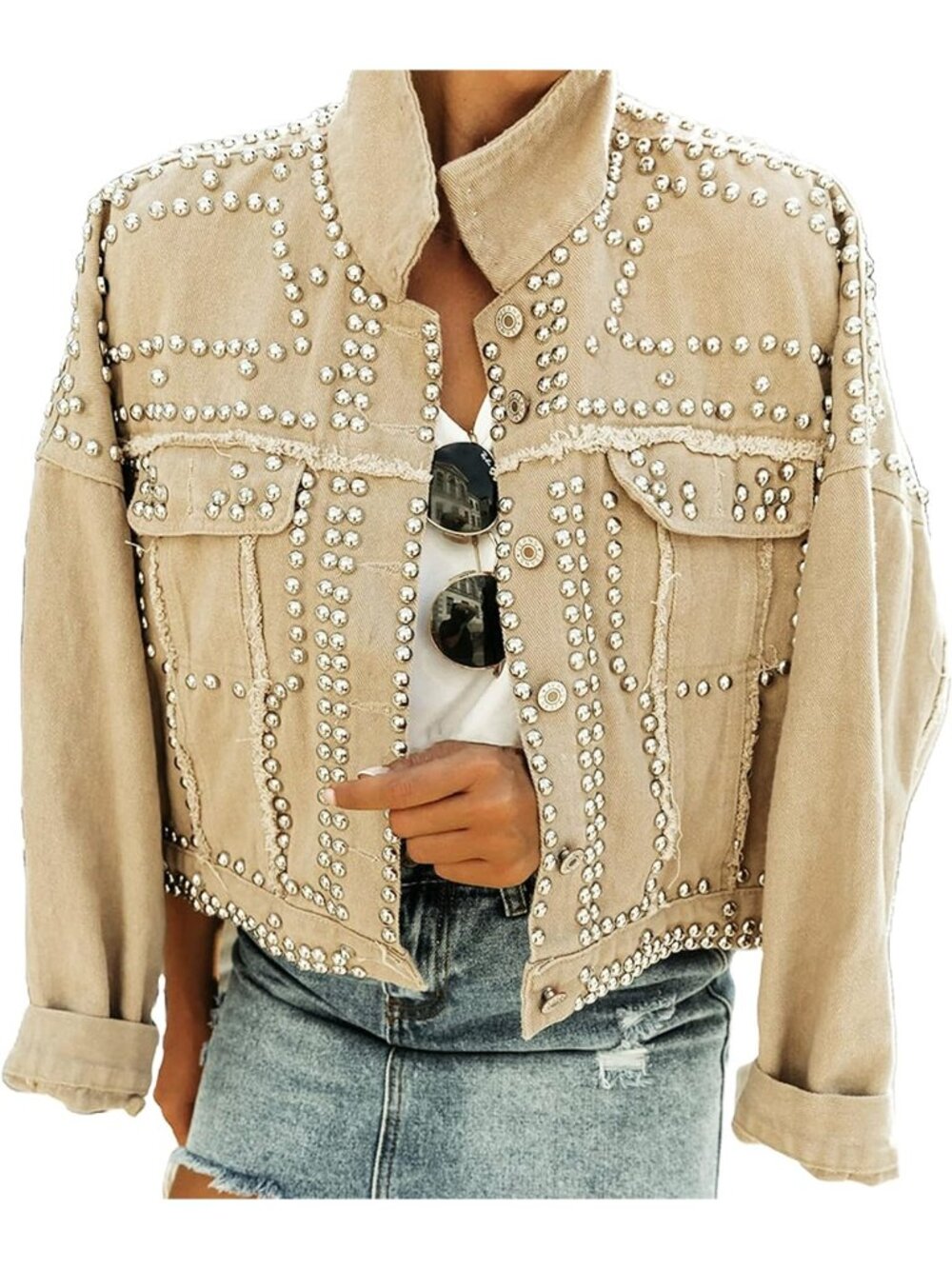 Women's khaki Fashion Crop Fringe Denim Jacket Distressed Western Studded Jacket